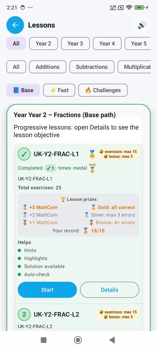 Lezione UK Year 2 Fractions completata con medaglia d'oro
