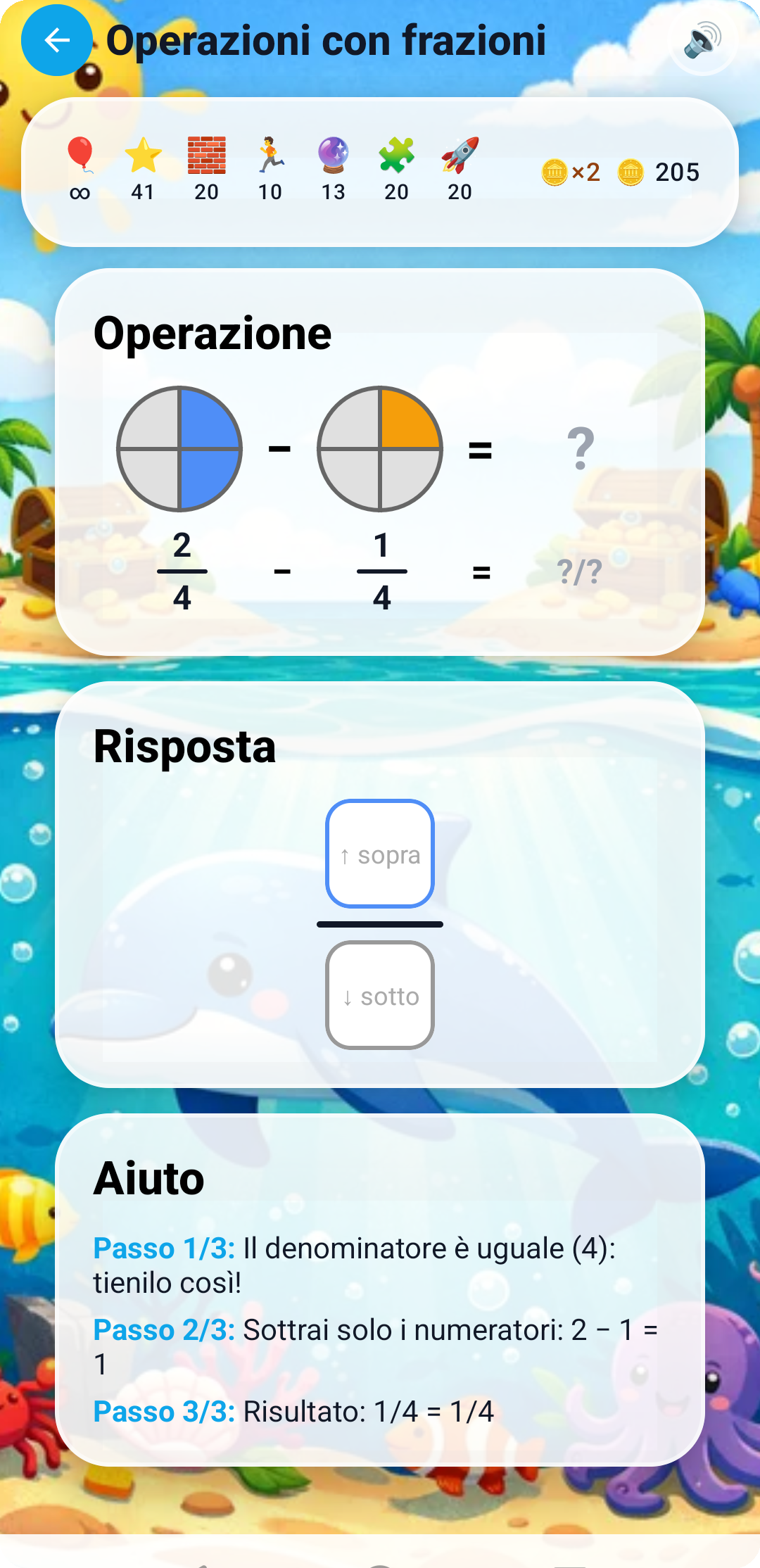 Sottrazione di frazioni 2/4 - 1/4 con aiuto passo-passo