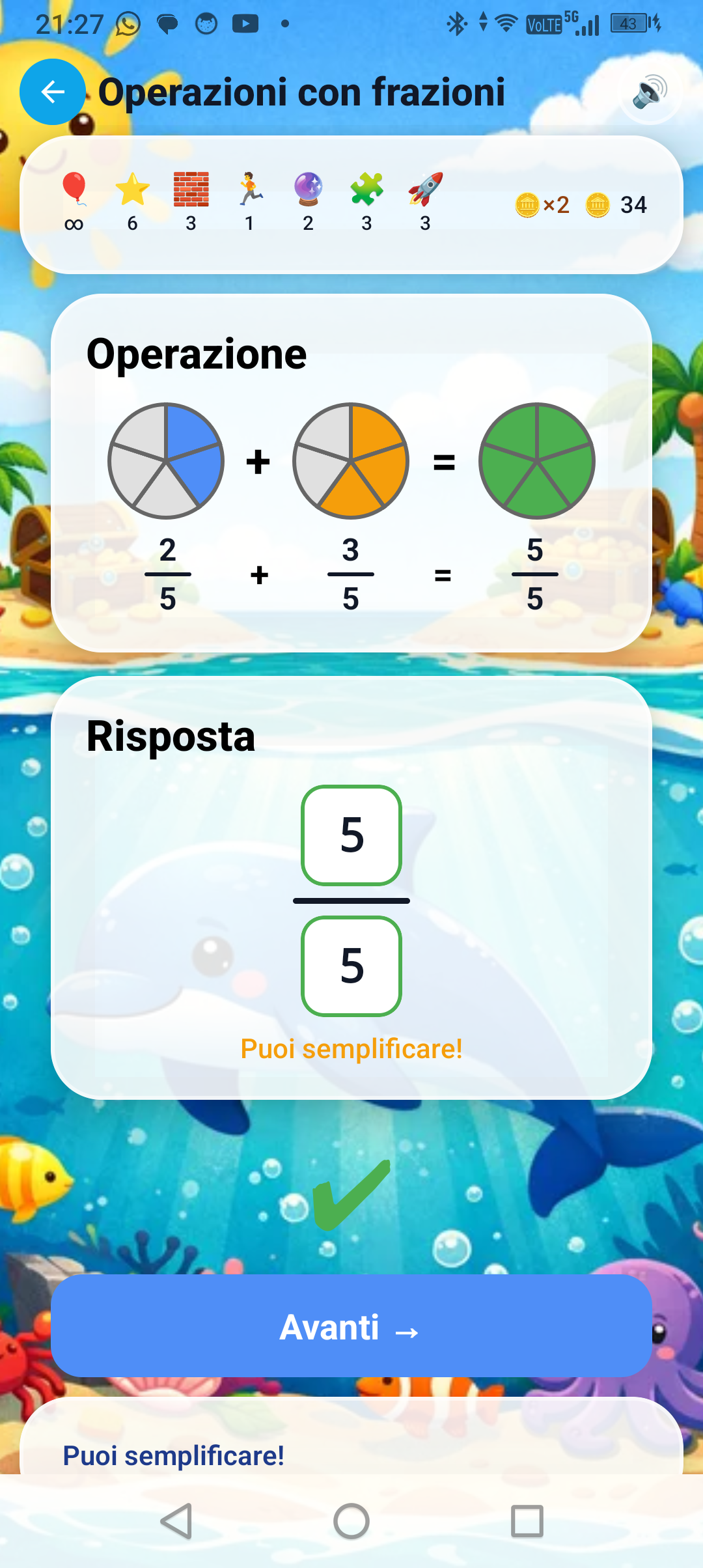 Somma di frazioni 2/5 + 3/5 con visualizzazione a torta