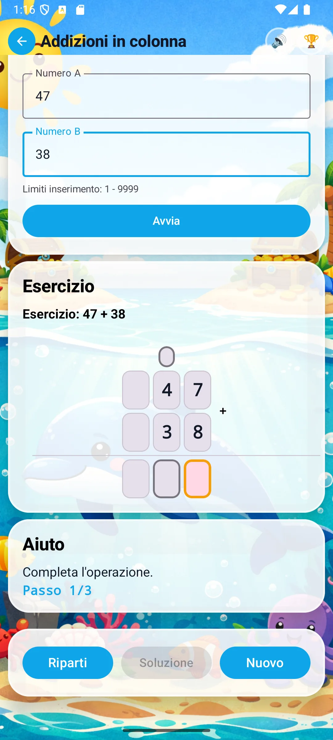 Addizione 47+38: esercizio pronto