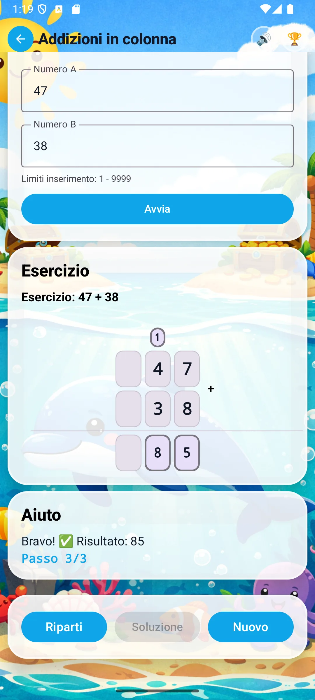 Addizione completata: 47+38=85