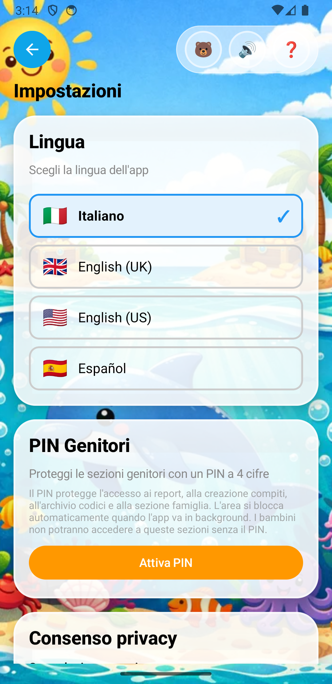 Impostazioni PIN