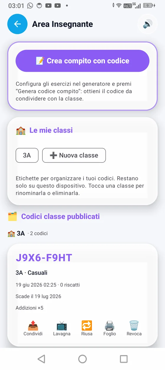 Area Insegnante dell'app MatemaTT: bottone Crea compito con codice, sezione Le mie classi, codici classe pubblicati con numero di riscatti e scadenza, e azioni Condividi, Lavagna, Riusa, Foglio e Revoca.